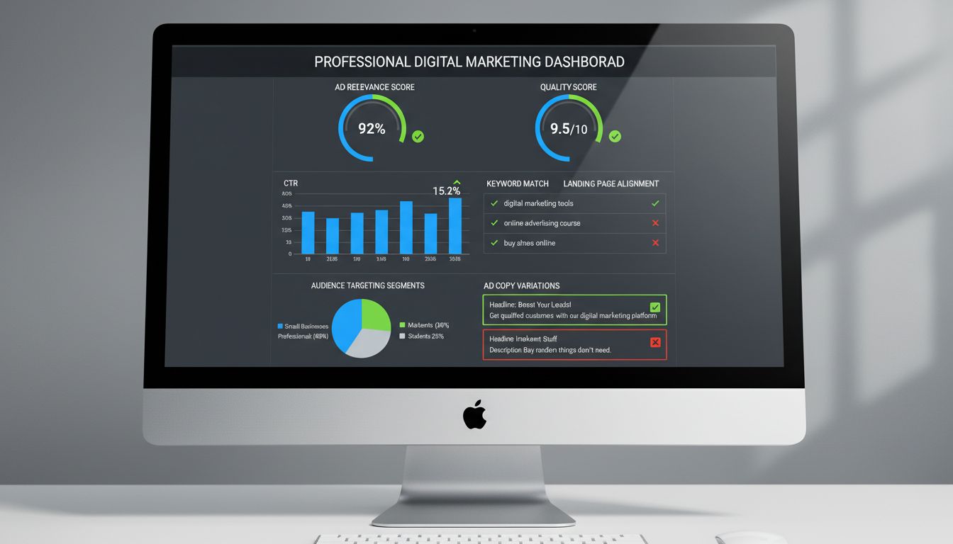 Dashboard met advertentierelevantie-metrics, kwaliteitsscores, CTR en zoekwoordprestaties