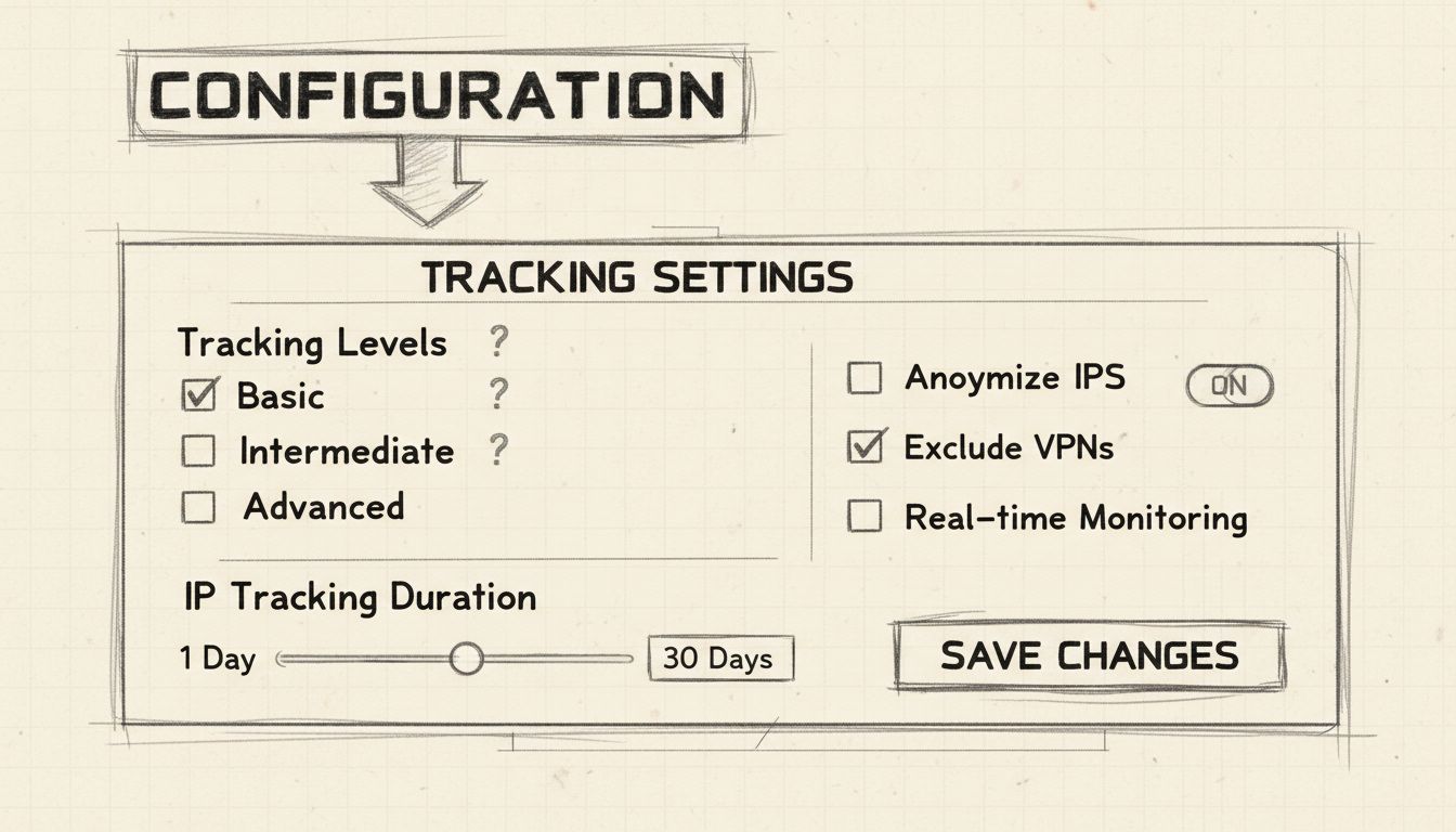 IP-trackingconfiguratie-interface met instellingenpaneel voor Trackingniveaus, schuifregelaar voor duur en opslaan-opties