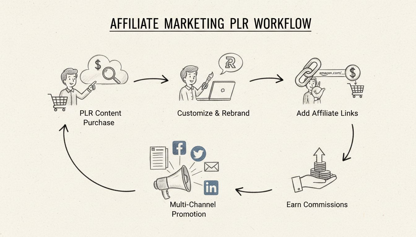 Met de hand getekend diagram van de PLR-content workflow: aanschaf, aanpassen, affiliate links toevoegen, promotie via meerdere kanalen, en commissies verdienen