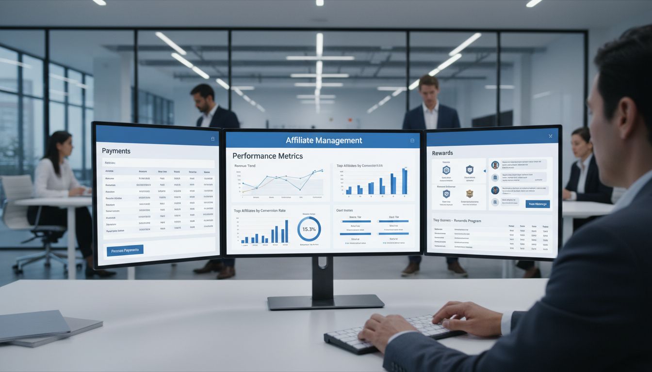 Professioneel affiliatebeheer dashboard met prestatie­statistieken, betalingen, communicatietools en beloningssystemen