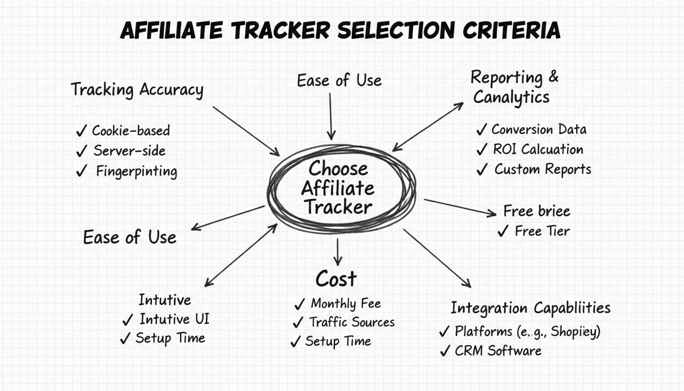 Beslissingsboomdiagram met vijf hoofdcriteria voor het kiezen van een affiliate tracker: Trackingnauwkeurigheid, Gebruiksgemak, Kosten, Rapportage & Analytics en Integratiemogelijkheden