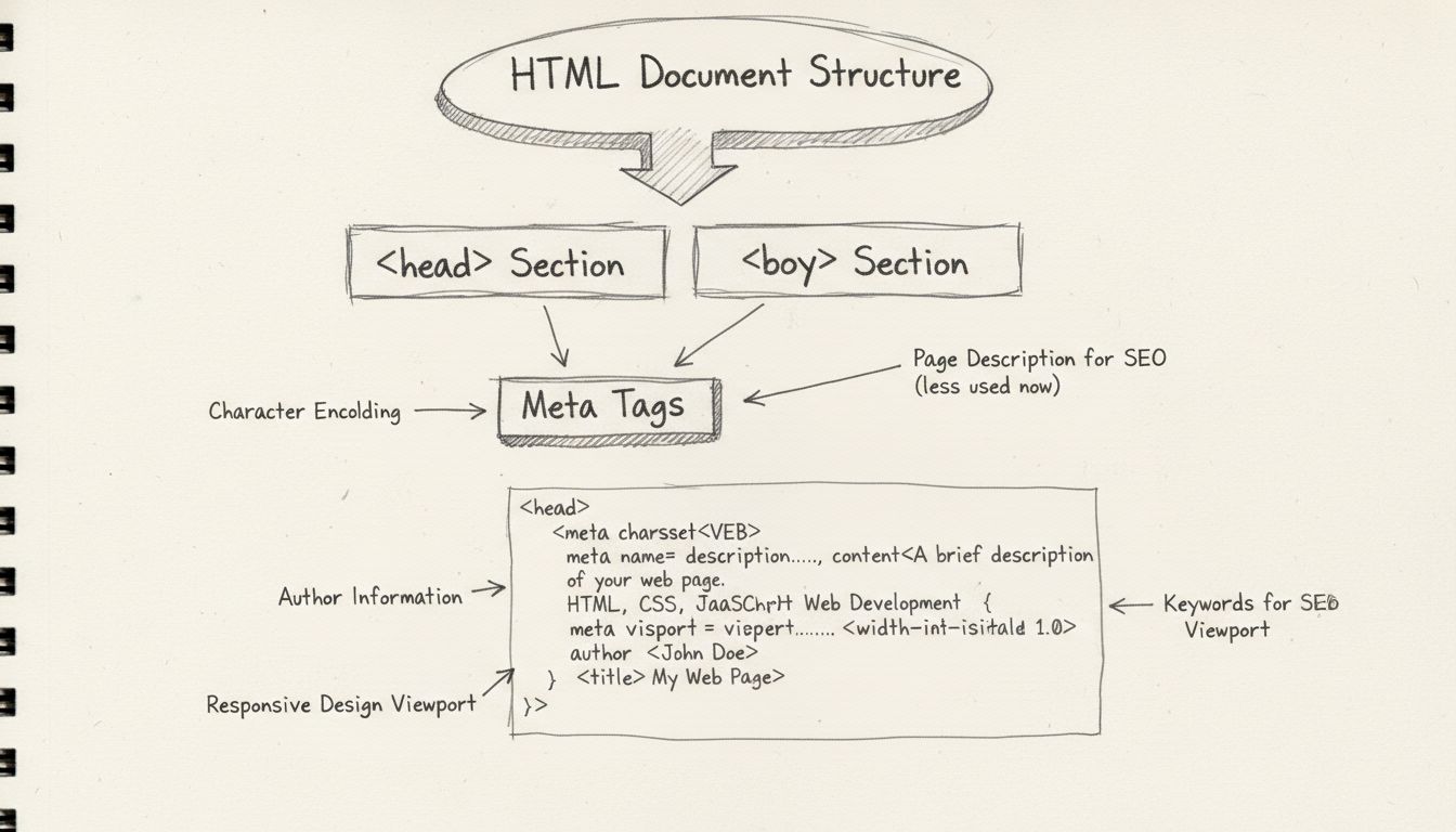 HTML meta tags structuurdiagram met head-sectie en charset-, description-, keywords-, author- en viewport-meta tags