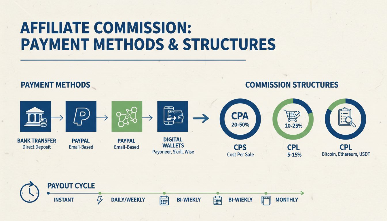 Infographic van affiliate commissiebetaalmethoden en structuren met CPA, CPS, CPL-modellen en verschillende uitbetalingsopties