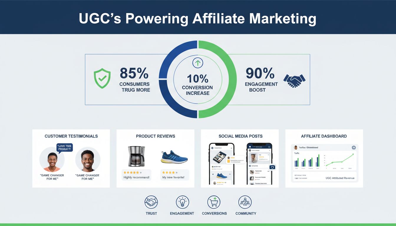 Impact van UGC op affiliate marketing met 85% consumentenvertrouwen, 10% conversiestijging en 90% toename in betrokkenheid