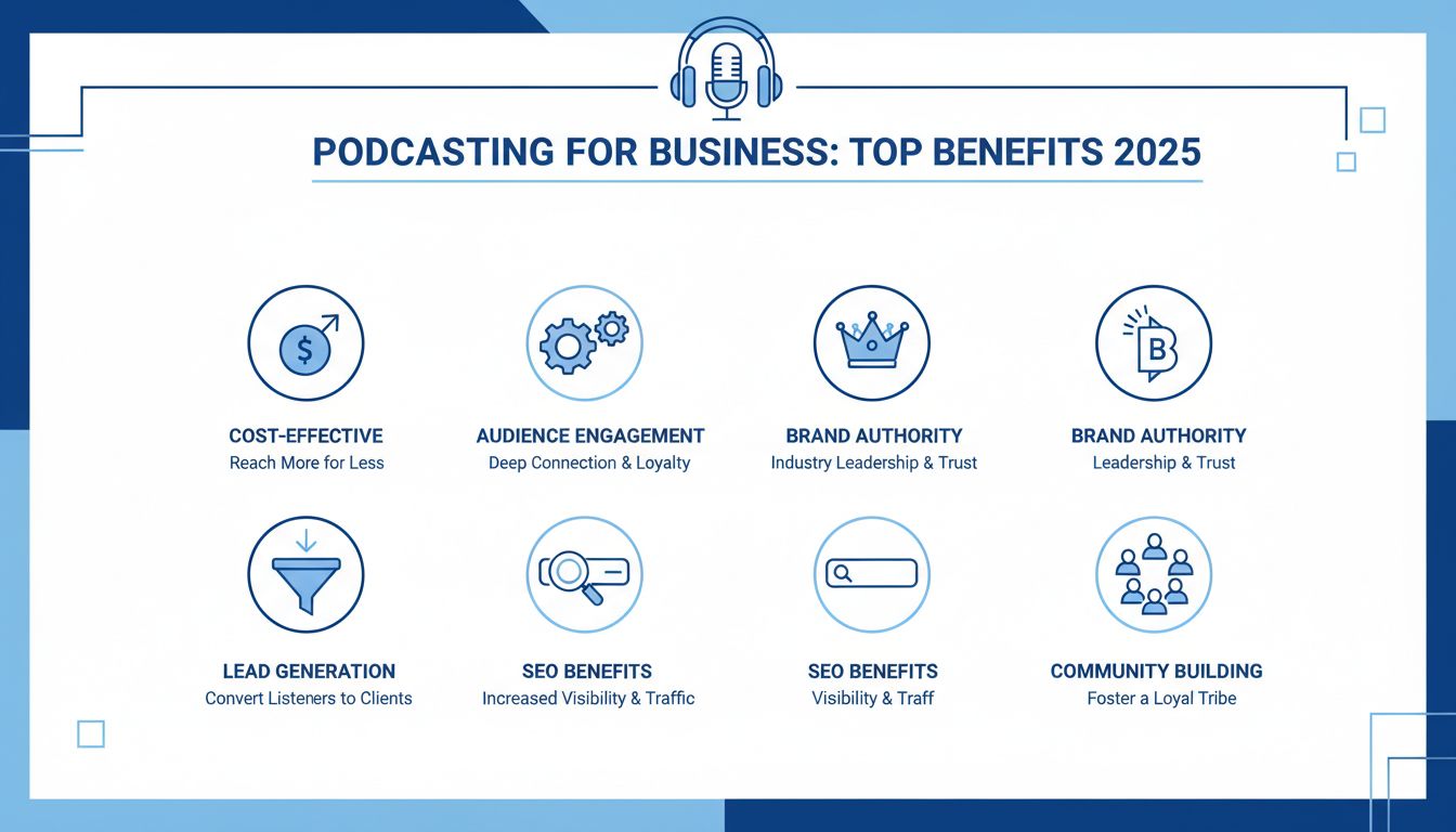 Infographic showing top benefits of podcasting including cost-effectiveness, audience engagement, brand authority, lead generation, SEO benefits, and community building