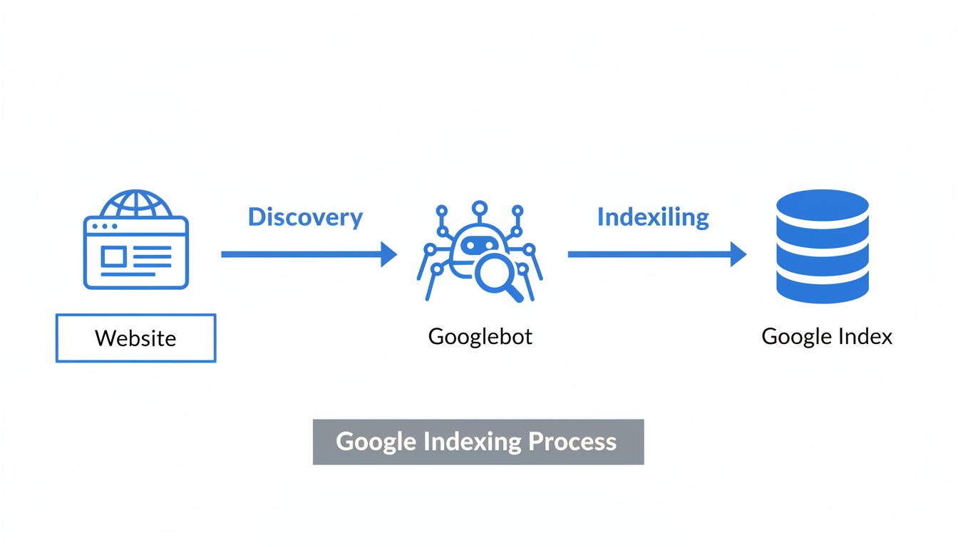 Google-indexeringsprocesdiagram met de fasen Ontdekking, Crawlen en Indexeren