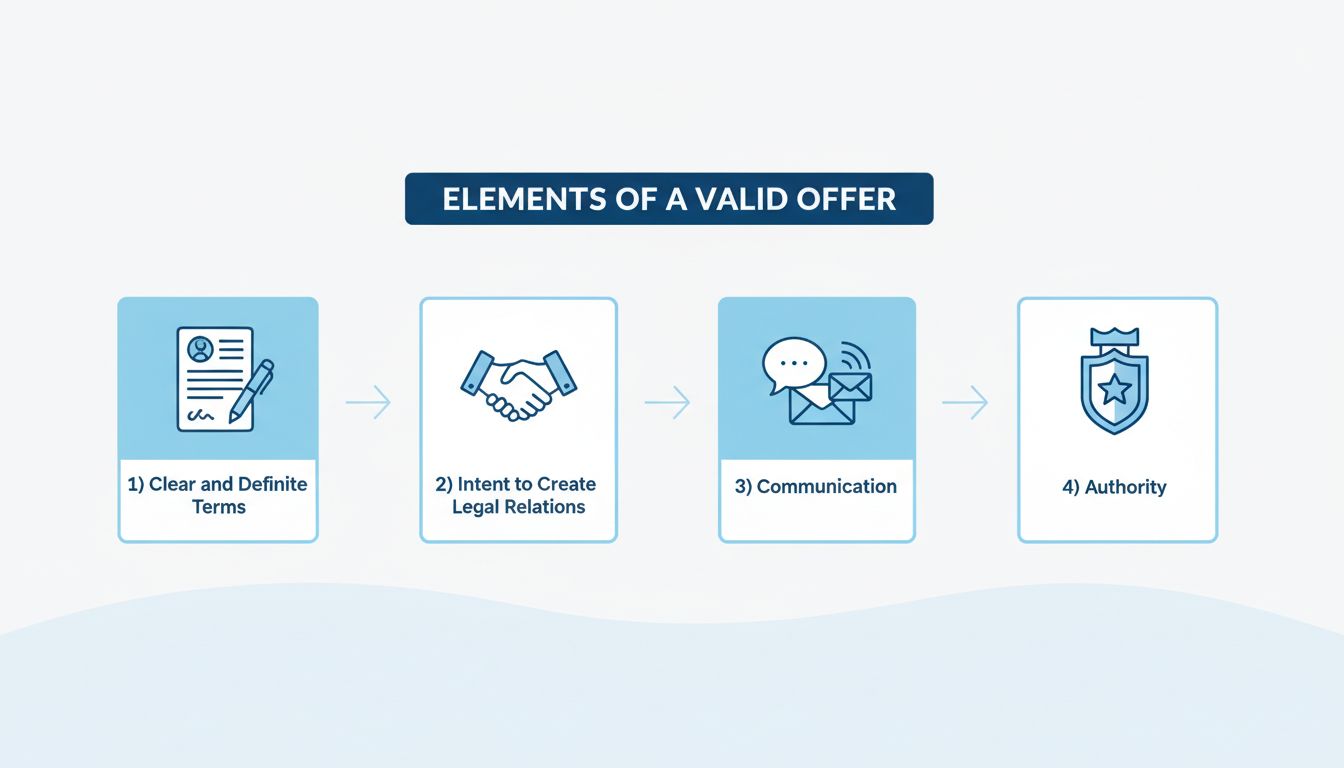 Elementen van een geldig aanbod in het contractenrecht met duidelijke voorwaarden, intentie, communicatie en bevoegdheid