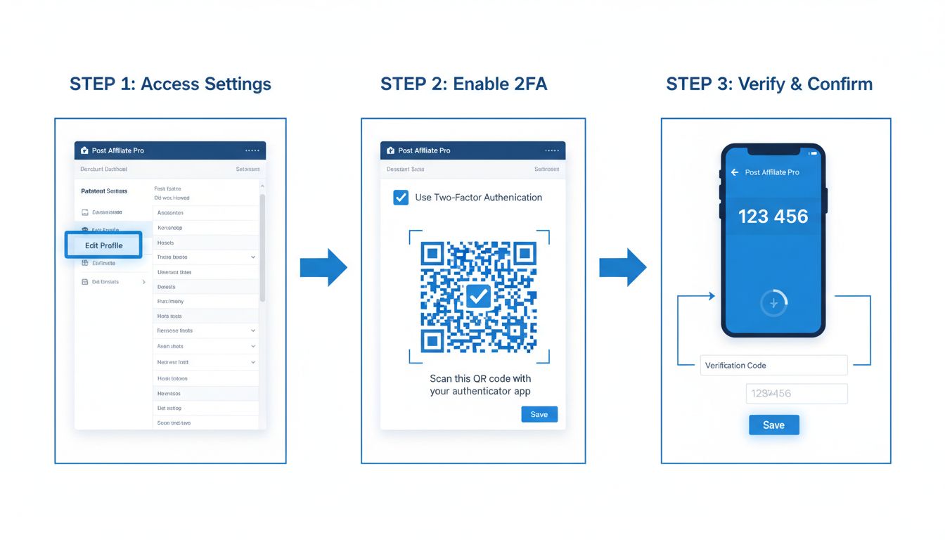 Twee-factor-authenticatie instellen in Post Affiliate Pro met Profiel bewerken, QR-code scannen en invoeren verificatiecode