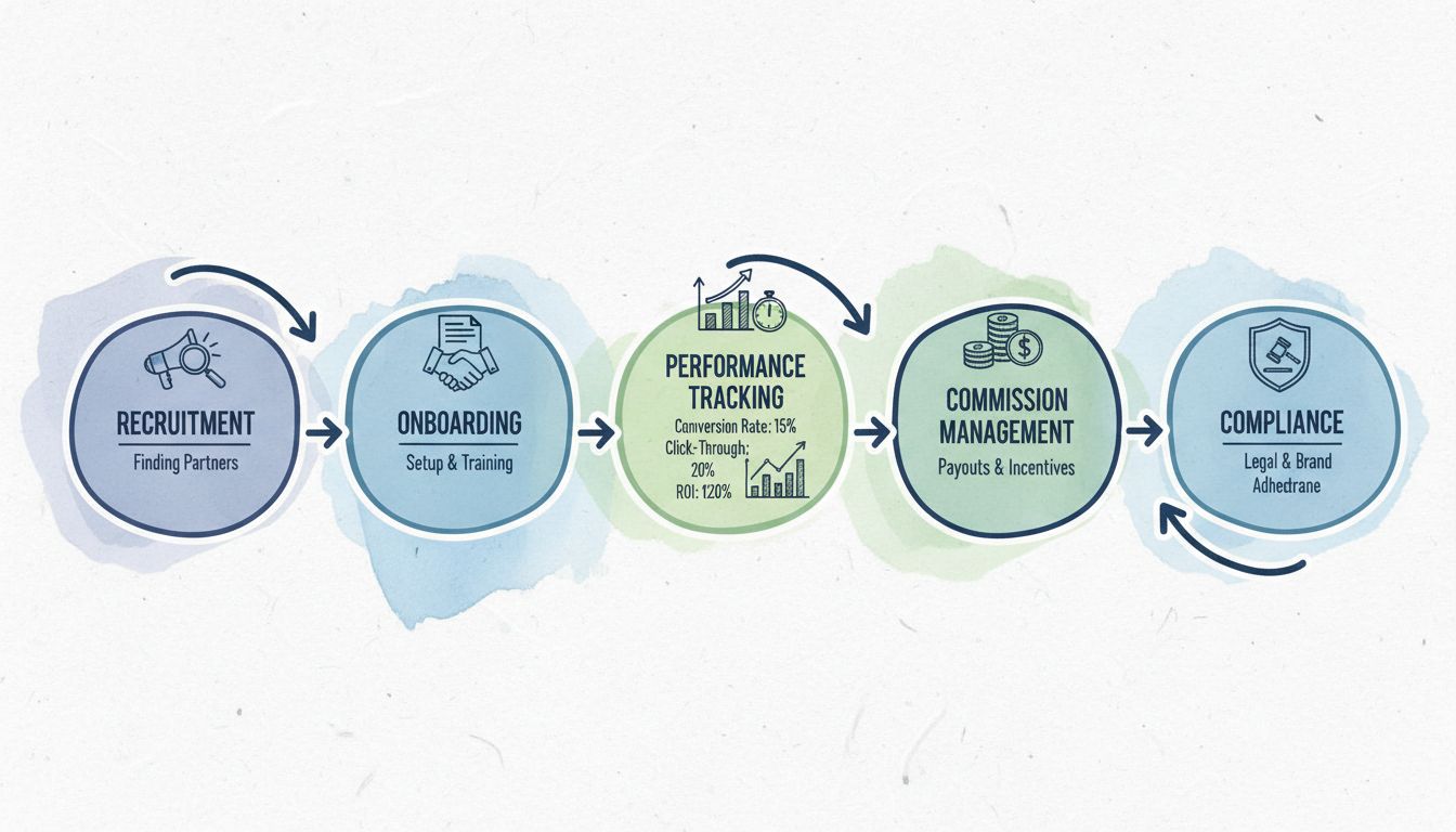 Workflow van affiliate programma management met werving, onboarding, prestatiebewaking, commissiebeheer en compliance stadia