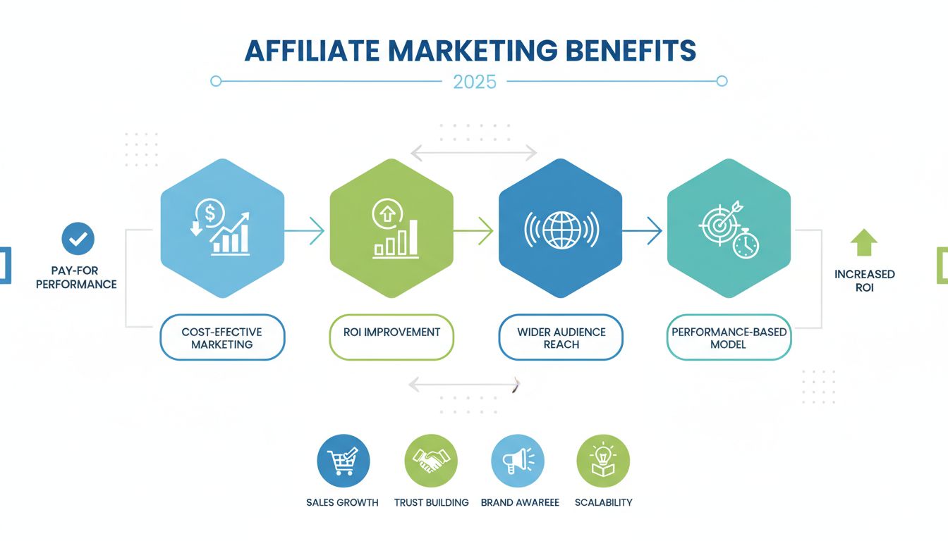 Infographic over de voordelen van affiliate marketing met kosteneffectieve marketing, betere ROI, groter bereik en prestatiegericht model