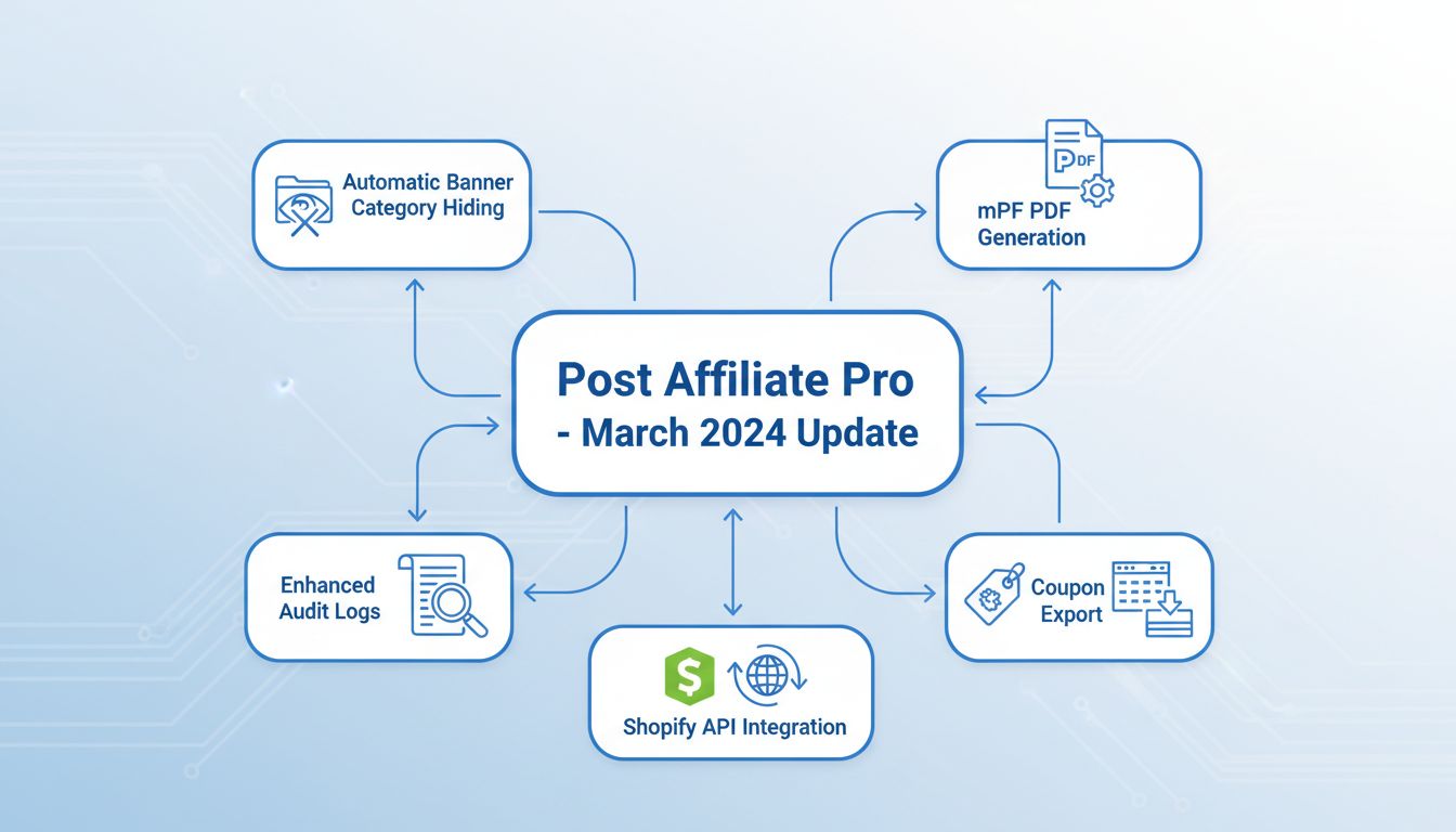 Technical diagram showing Post Affiliate Pro March 2024 update features including banner hiding, mPDF generation, audit logs, coupon export, and Shopify API integration with interconnected modules