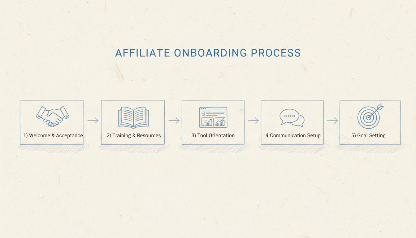 Affiliate onboarding proces flowdiagram met 5 stappen: Welkom & Acceptatie, Training & Bronnen, Toolintroductie, Communicatie Opzetten, en Doelstellingen Stellen