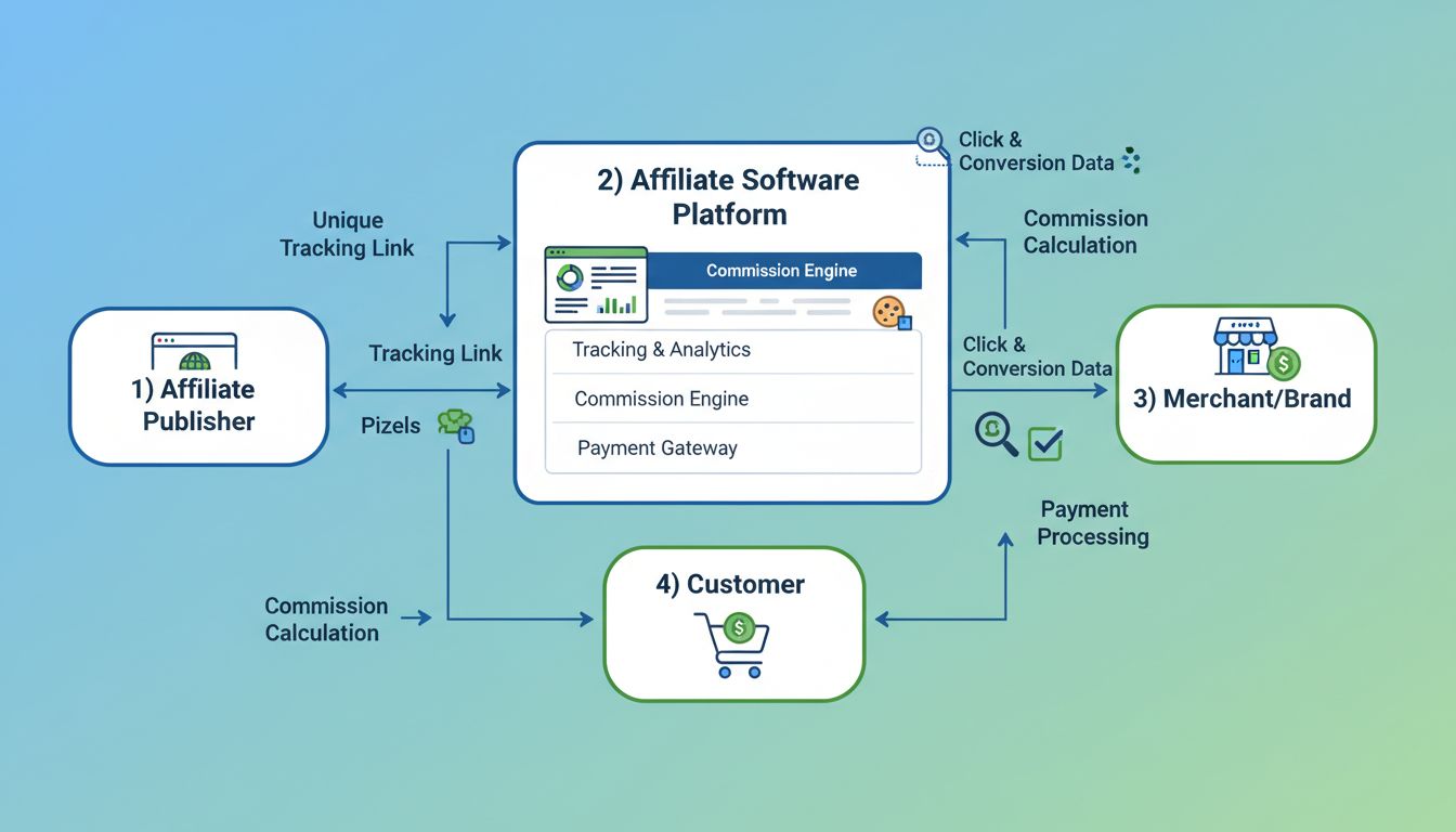 Technisch diagram dat laat zien hoe affiliate software werkt met tracking, commissieberekening en betalingsverwerking