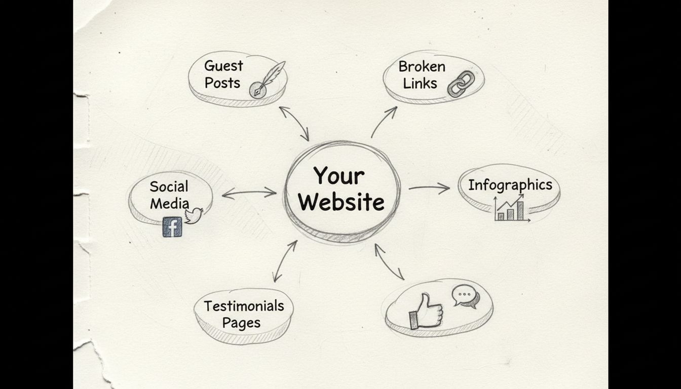 Diagram van backlinkbuildingstrategieën die meerdere bronnen tonen die naar je website verwijzen, waaronder gastblogs, broken links, social media, infographics, forums, testimonials en resourcepagina’s