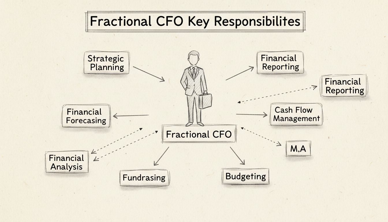 Handgetekend diagram met de belangrijkste verantwoordelijkheden van een Fractioneel CFO, waaronder strategische planning, financiële forecasting, cashflowbeheer, budgettering, financiële analyse, fondsenwerving, M&A en financiële rapportage