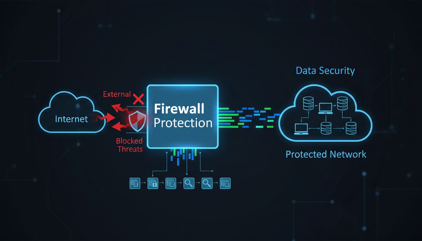 Firewall architectuurdiagram toont netwerkbescherming tegen datalekken met geblokkeerde dreigingen en beschermd intern netwerk