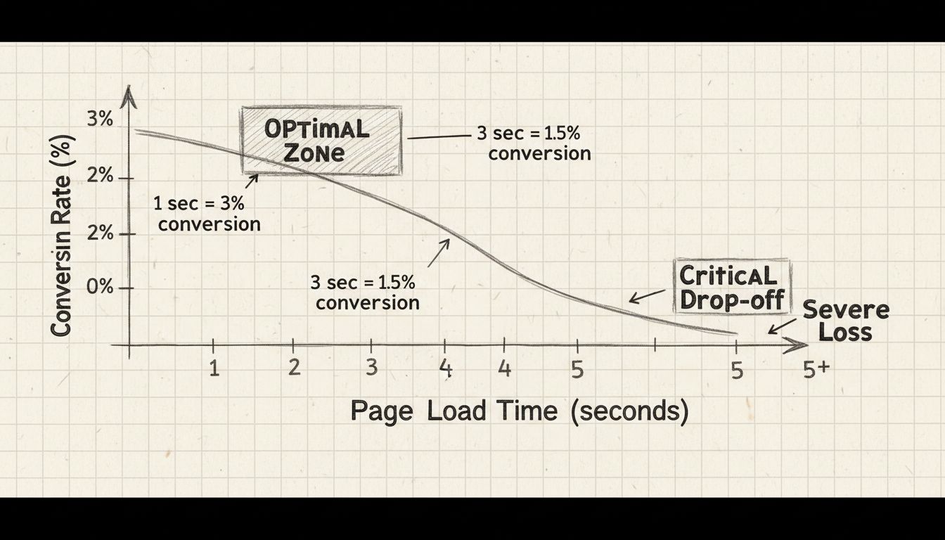 Handgetekend diagram dat de relatie toont tussen laadtijd van pagina's en conversieratio's, met een dalende curve van 3% conversie bij 1 seconde tot 0,6% bij 5+ seconden