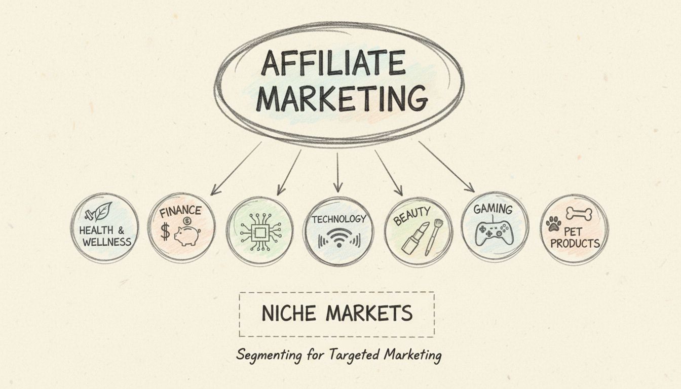 Affiliate marketing niche segmentatie diagram dat laat zien hoe een brede markt wordt opgedeeld in gerichte niches zoals gezondheid en welzijn, financiën, technologie, beauty, gaming en huisdierproducten