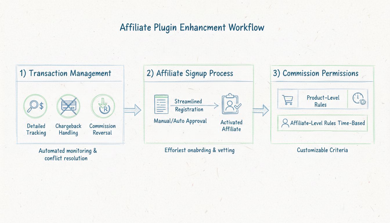 Diagram van workflow voor affiliate plugin-verbeteringen met transactiebeheer, affiliate-aanmeldproces en commissiemachtigingen op basis van aanpasbare criteria