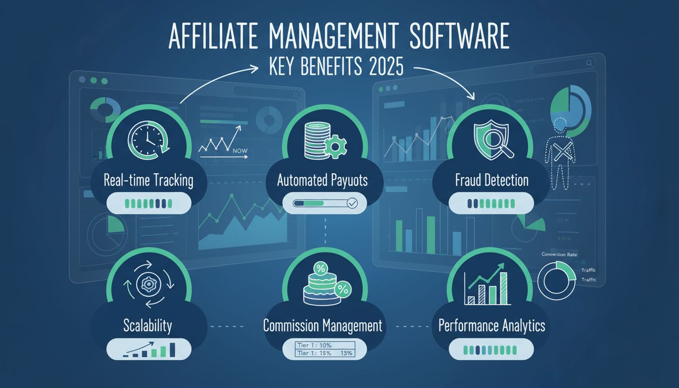 Infographic die de belangrijkste voordelen van affiliate management software toont, waaronder realtime tracking, geautomatiseerde uitbetalingen, fraudedetectie, schaalbaarheid, commissiebeheer en prestatie-analyse