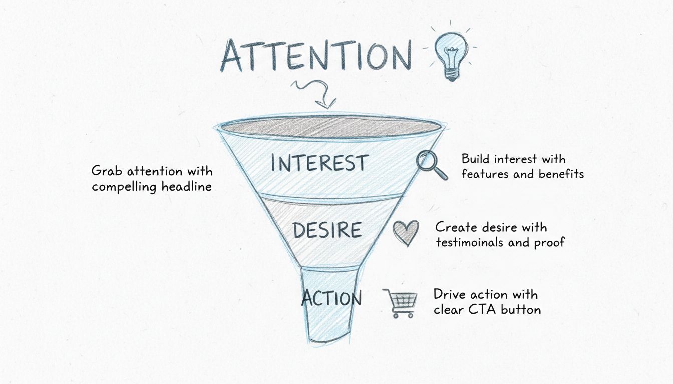 AIDA-funnel diagram voor affiliate marketing reviews met Attention, Interest, Desire en Action stadia en toelichtende tekst
