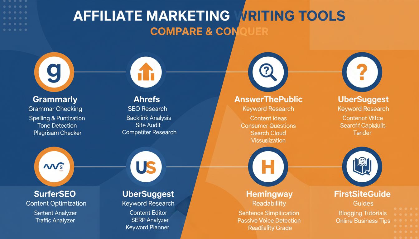 Infographic die 7 affiliate marketing schrijftools vergelijkt met iconen en kernfuncties