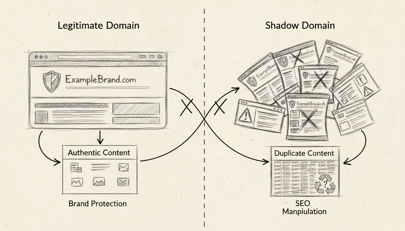 Handgetekend diagram dat legitieme domeinen vergelijkt met schaduw-domeinen, met de verschillen in branding, contentauthenticiteit en SEO-praktijken