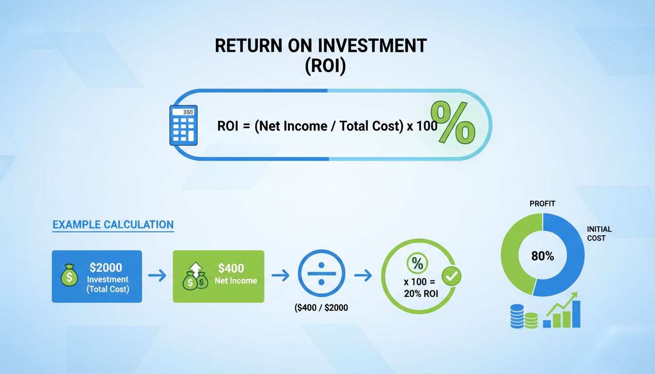 Infographic formule voor ROI-berekening met de formule ROI = (Nettowinst / Totale kosten) x 100 met voorbeeld van $2000 investering en 20% ROI