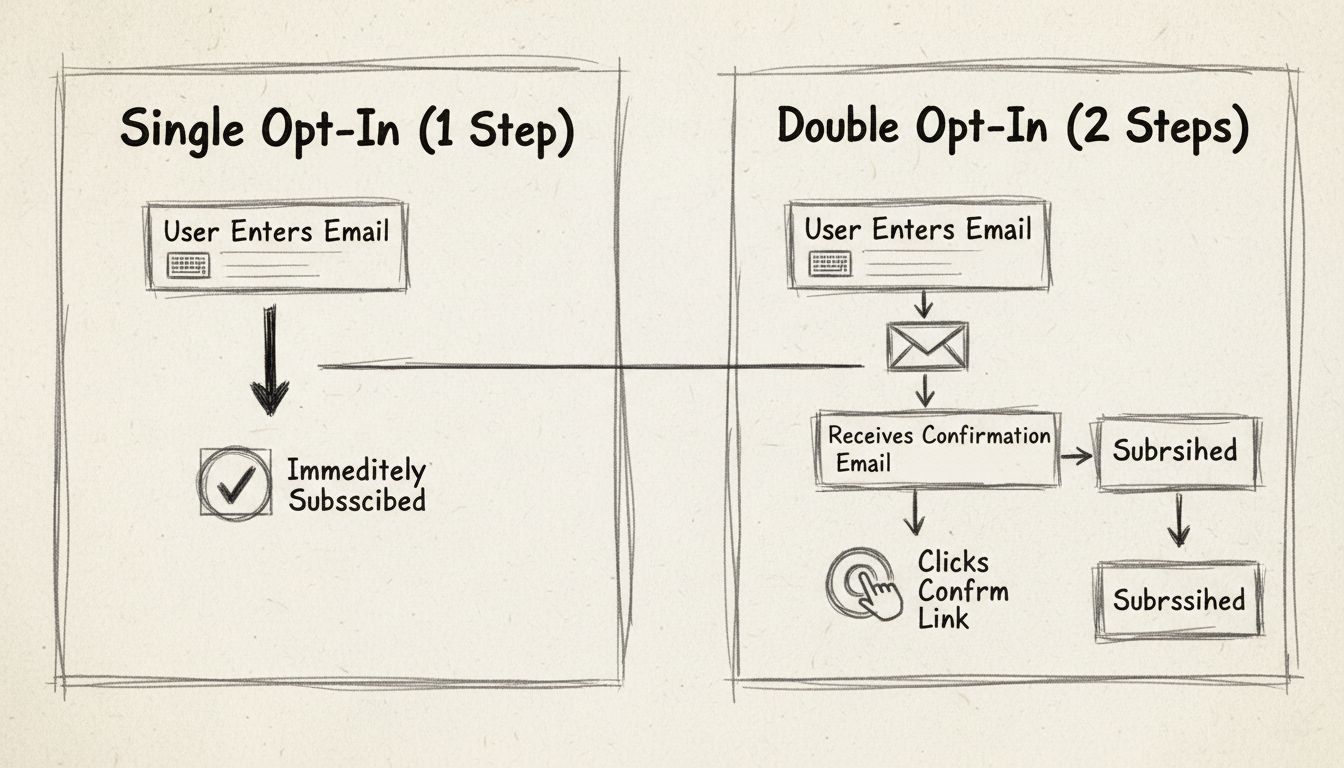 Handgetekend diagram waarin single opt-in en double opt-in e-mailabonnementsprocessen met duidelijke stappen en labels worden vergeleken