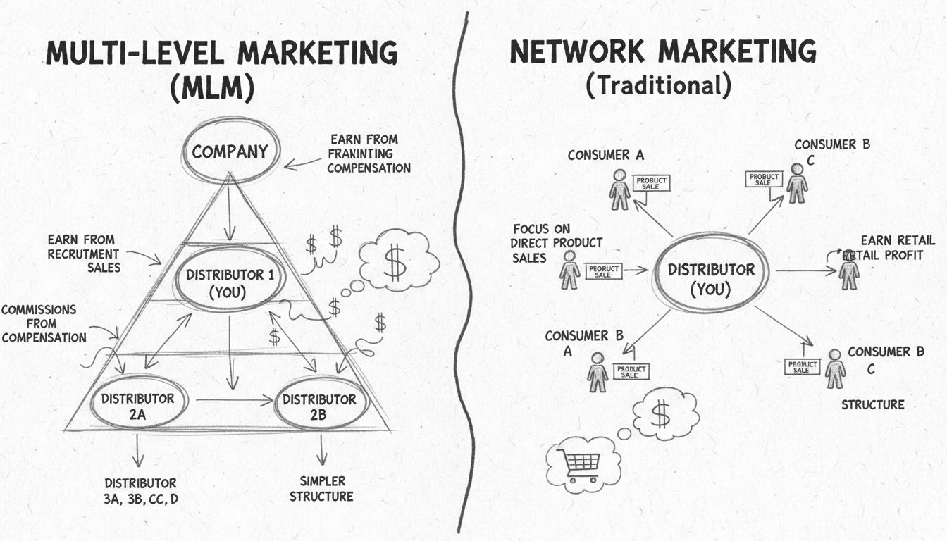 Handgetekend diagram dat MLM- en Netwerkmarketingstructuren vergelijkt met commissiestromen en distributeursniveaus