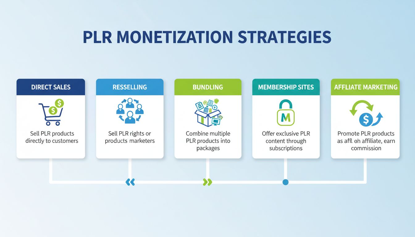 PLR monetization strategies infographic showing five income streams: direct sales, reselling, bundling, membership sites, and affiliate marketing