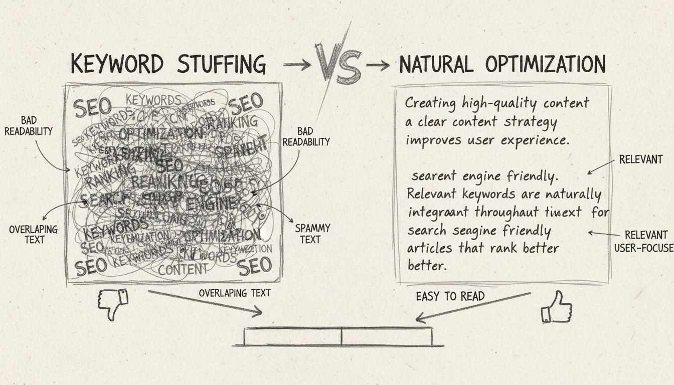 Vergelijkingsdiagram met keyword stuffing versus natuurlijke zoekwoordenoptimalisatie met handgetekende potloodannotaties