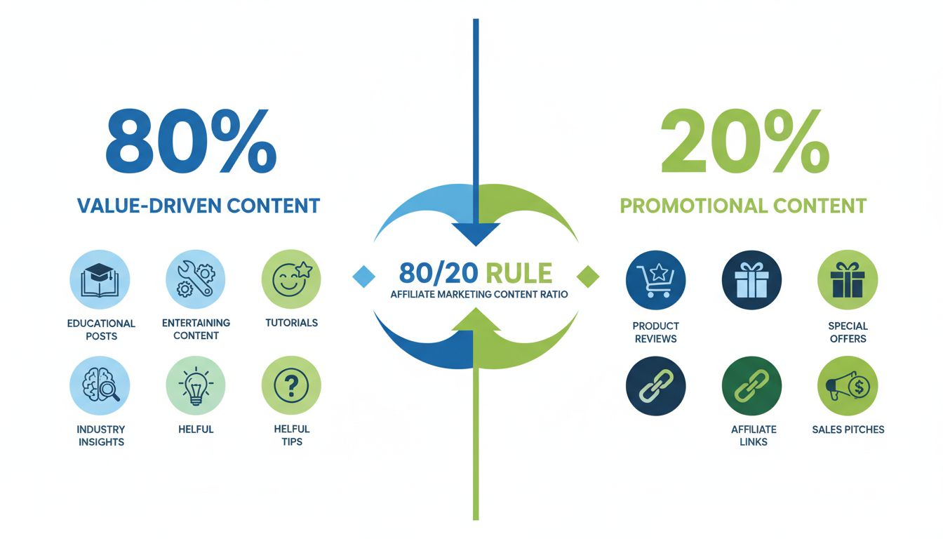 80/20-verhouding infographic met 80% waardevolle content en 20% promotionele content voor affiliate marketing