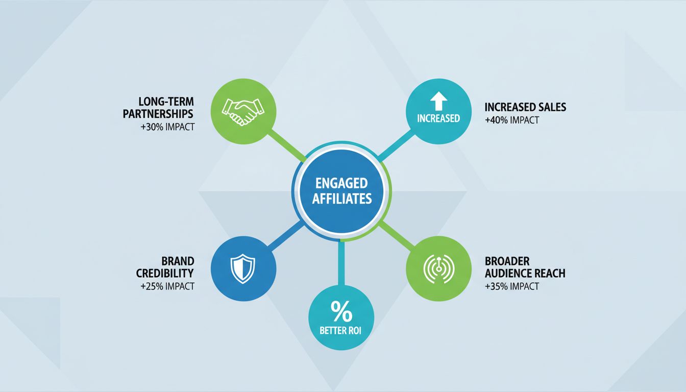 Infographic over succesfactoren voor affiliate betrokkenheid met betrokken affiliates centraal, meer sales, groter bereik, merk geloofwaardigheid, langdurige partnerschappen en betere ROI