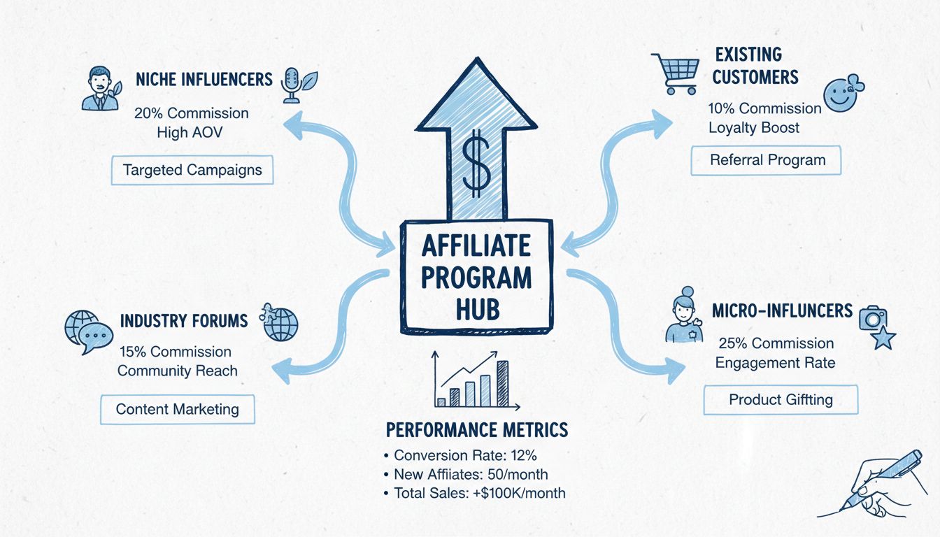Affiliate recruitment strategy diagram showing multiple pathways including niche influencers, existing customers, industry forums, and micro-influencers with commission rates and performance metrics