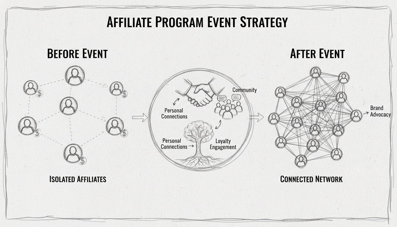 Handgetekend diagram met affiliateprogramma eventstrategie en netwerken voor en na het evenement