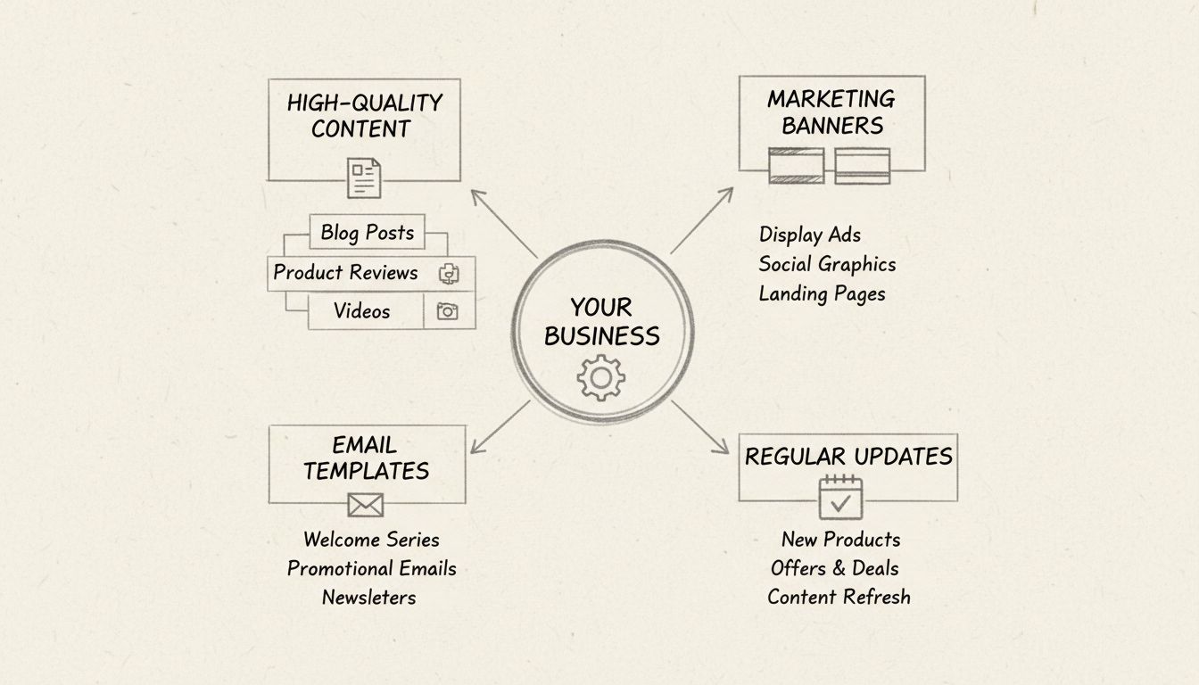 Diagram van affiliate marketing hulpmiddelen met content, banners, templates en updates
