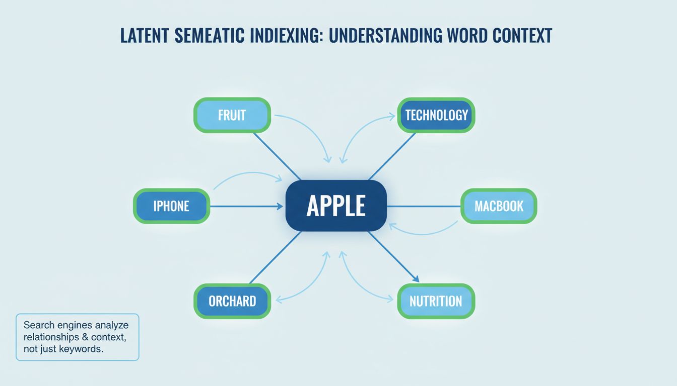 LSI-conceptdiagram dat semantische relaties tussen zoekwoorden toont