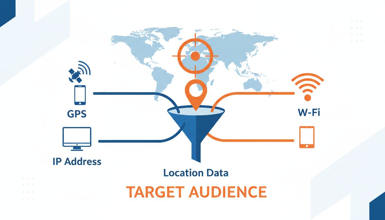 Geotargeting data collection methods showing GPS, IP address, and Wi-Fi signals converging to target location