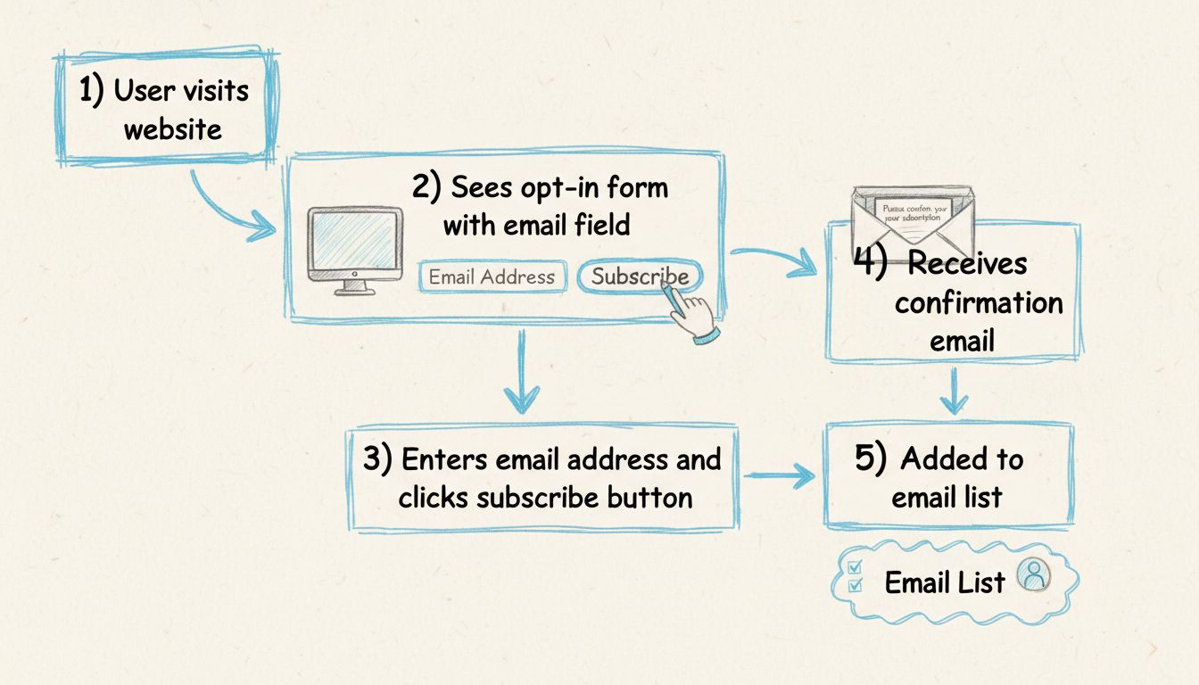 Diagram van e-mail opt-in workflow met 5 stappen van websitebezoek tot inschrijving op de e-maillijst