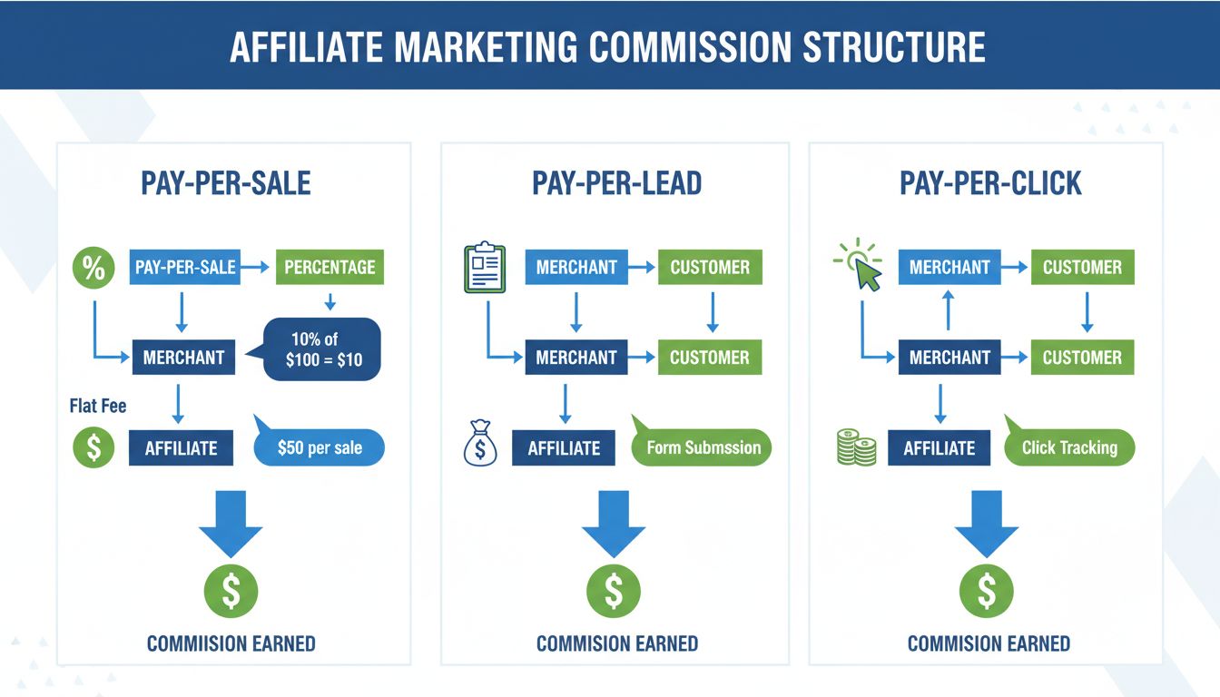 Infographic van commissiestructuur in affiliate marketing met Pay-Per-Sale, Pay-Per-Lead en Pay-Per-Click modellen en voorbeeldberekeningen