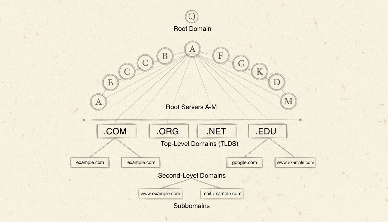 DNS-hiërarchiestructuur met rootdomein, 13 rootservers, TLD's, second-level domeinen en subdomeinen in een boomstructuur