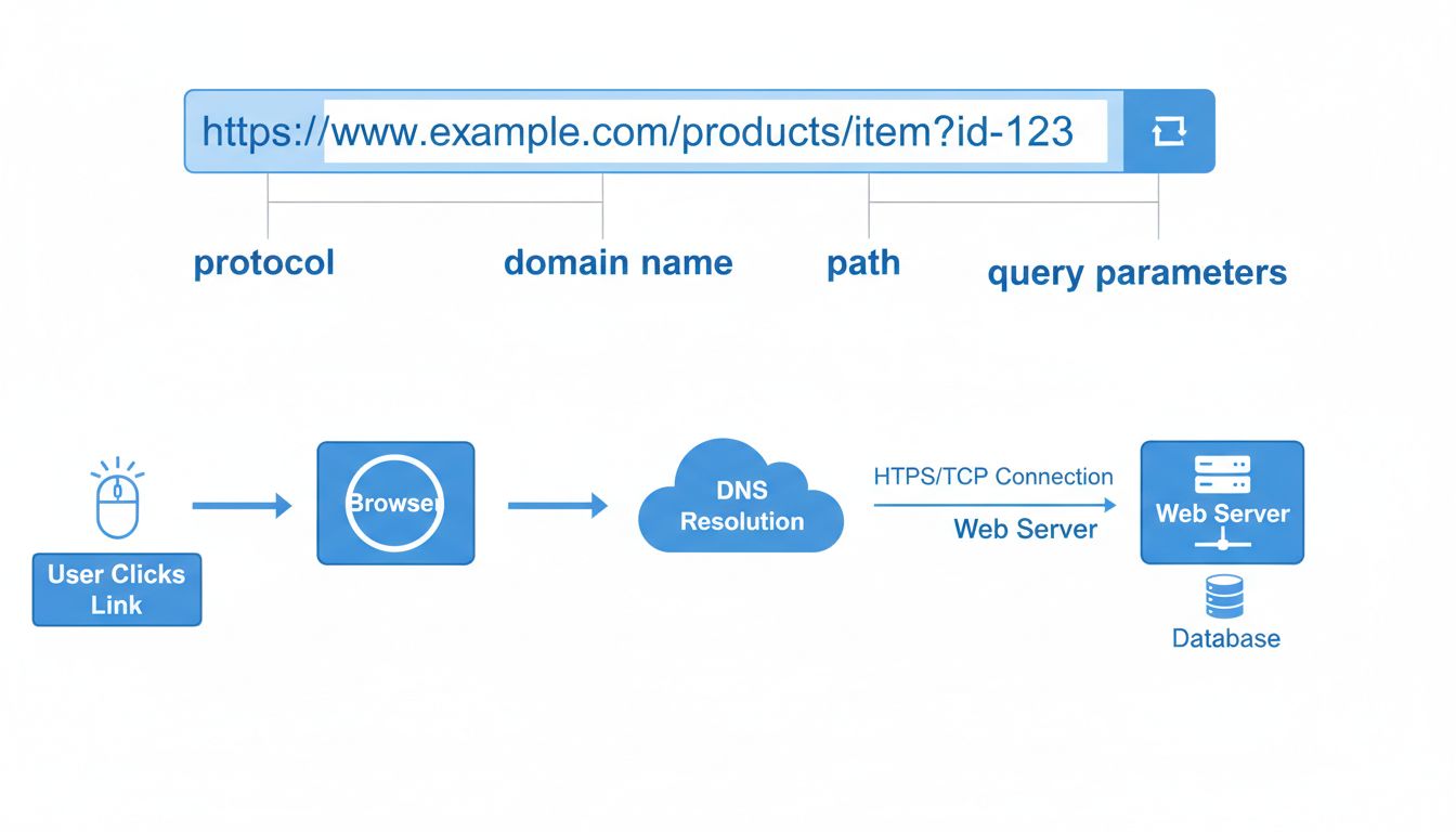 Diagram van URL-structuur met protocol, domein, pad en parameters