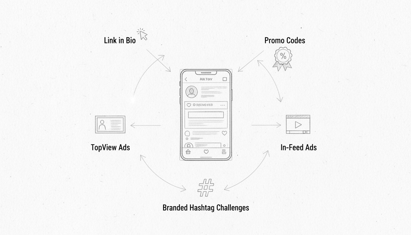 TikTok affiliate marketing strategie-diagram met linkplaatsing, promotiecodes, TopView-advertenties, In-Feed-advertenties en branded hashtag-uitdagingen