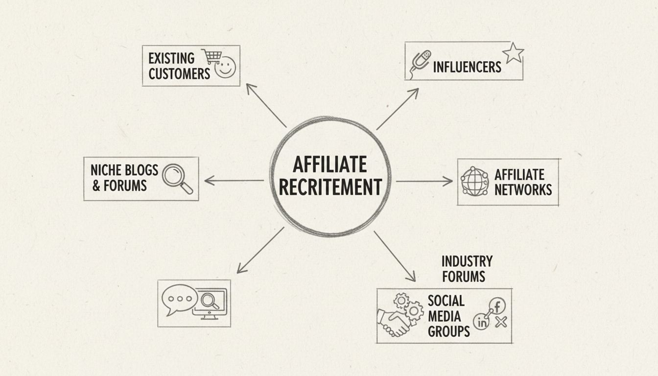Diagram van kanalen voor affiliate werving met bestaande klanten, nicheblogs, affiliatenetwerken, sociale media en vakforums