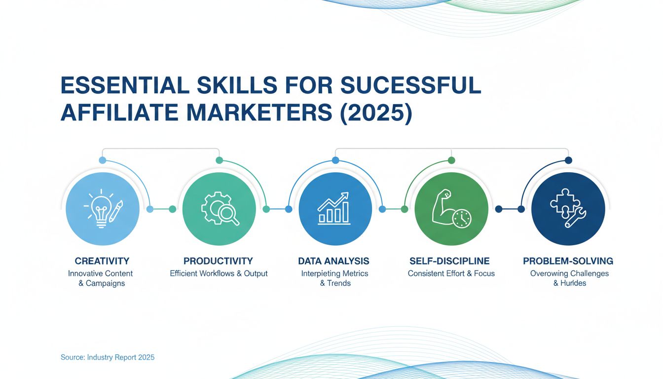 Infographic showing 5 essential skills for affiliate marketers: Creativity, Productivity, Data Analysis, Self-Discipline, and Problem-Solving
