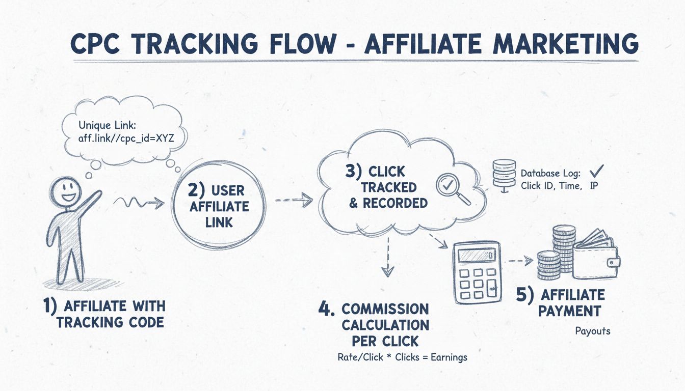 CPC tracking flow diagram showing affiliate link, click tracking, and commission calculation process