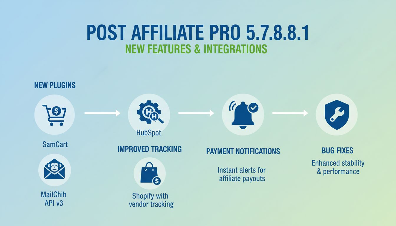 Post Affiliate Pro 5.7.8.1 nieuwe functies infographic met SamCart, MailChimp API v3, HubSpot, Shopify integraties en betalingsmeldingen