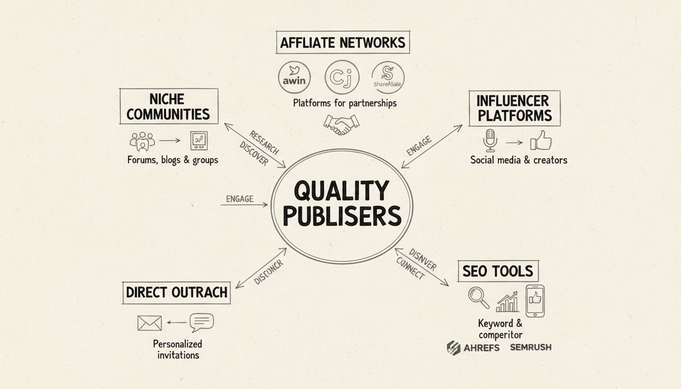Handgetekend diagram dat het discovery-proces van publishers in affiliate marketing toont met meerdere kanalen, waaronder affiliate netwerken, influencerplatforms, SEO-tools, directe benadering en niche communities