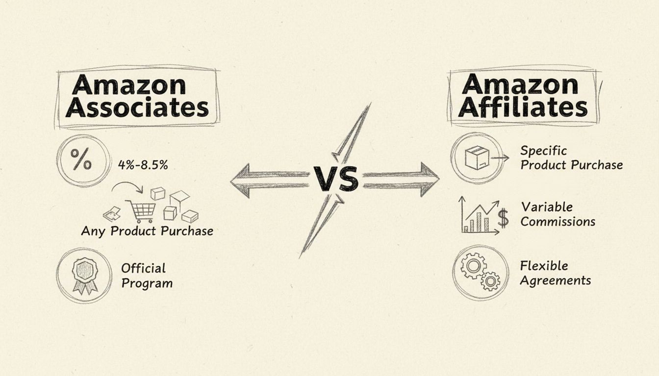 Handgetekend vergelijkingsdiagram van Amazon Associates vs Amazon Affiliates met weergave van commissiestructuren en verdienmechanismen